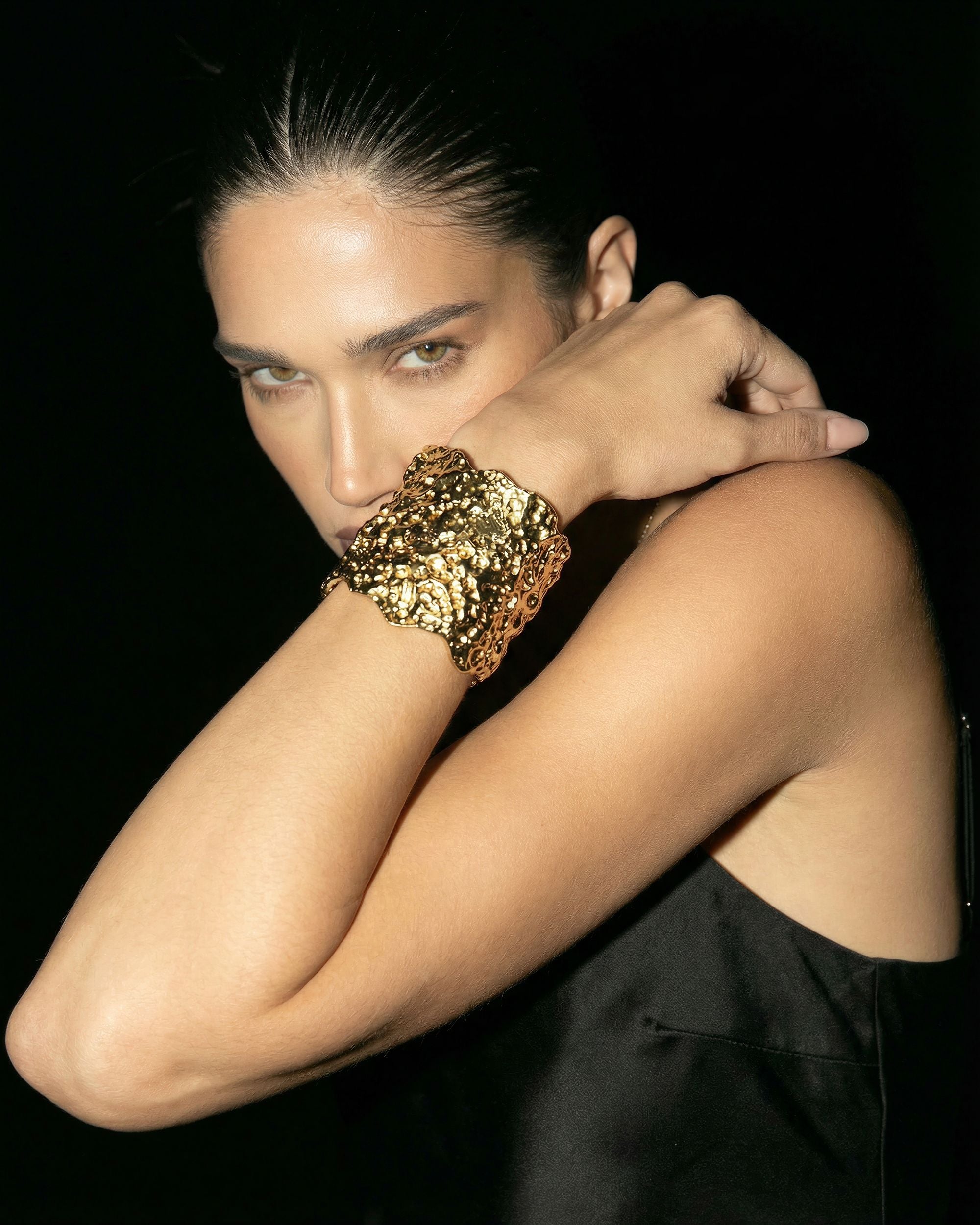 Molten Gold Wide Cuff Bracelet, Stainless Steel