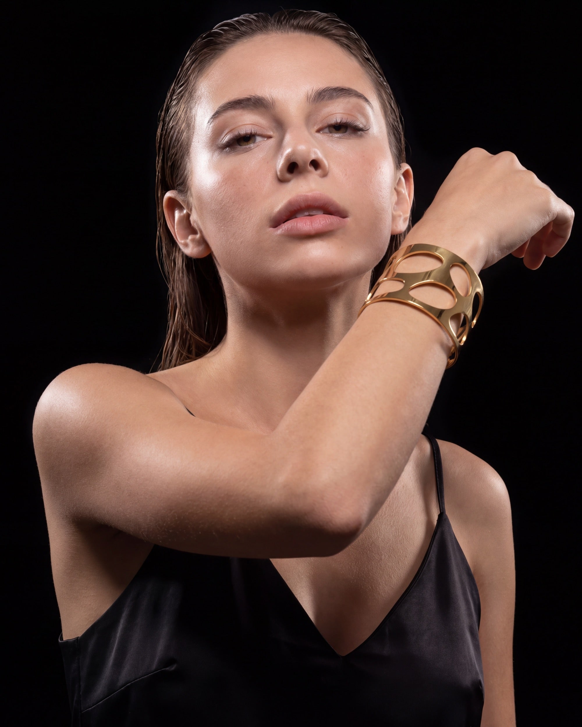 Open Cell Wide Cuff Bracelet - Gold
