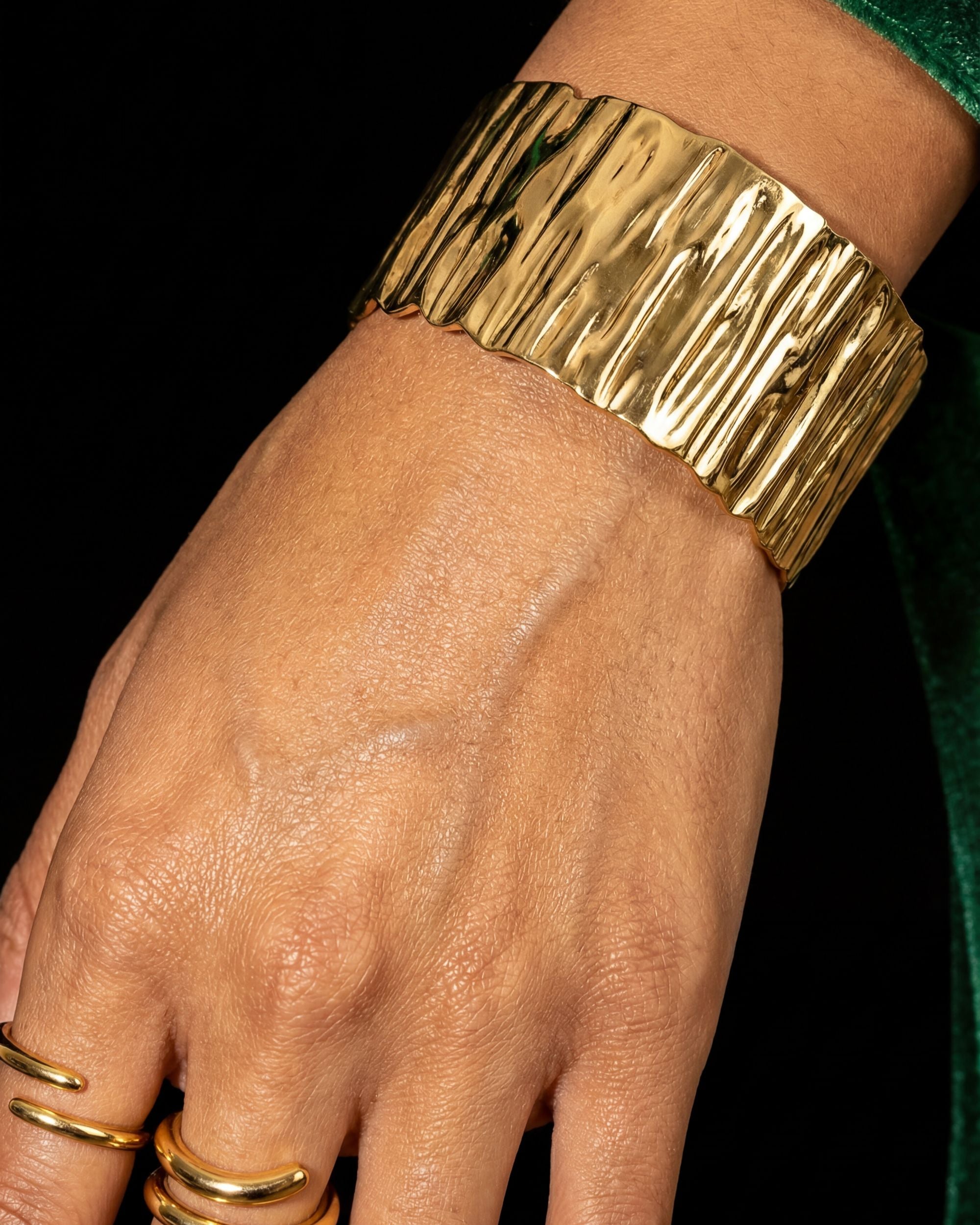 Corrugated Gold Wide Cuff Bracelet, Architectural Jewelry