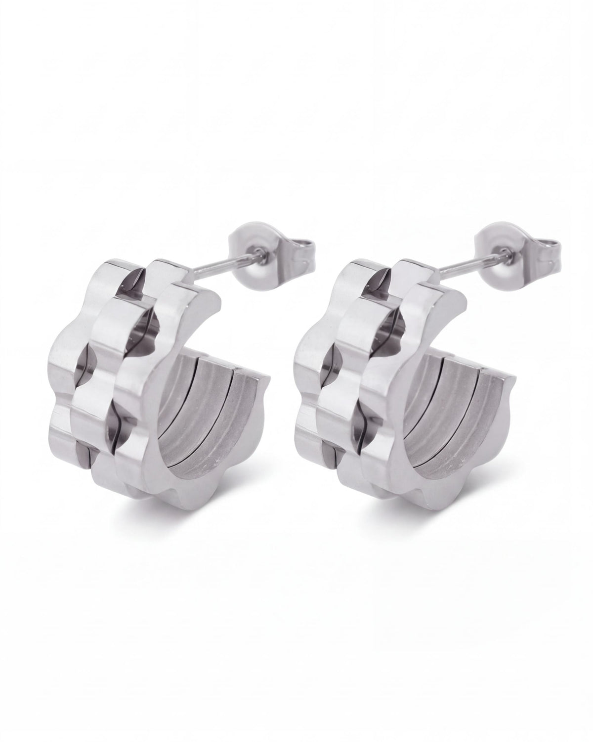 Strap Link Huggie Earrings - Silver