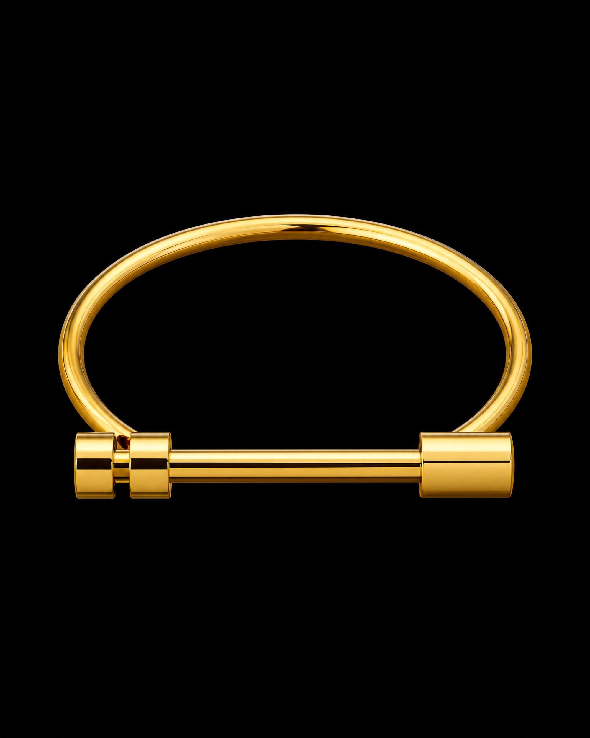 A polished gold-toned metal ring with a horizontal bar clasp, shown against a solid black background.