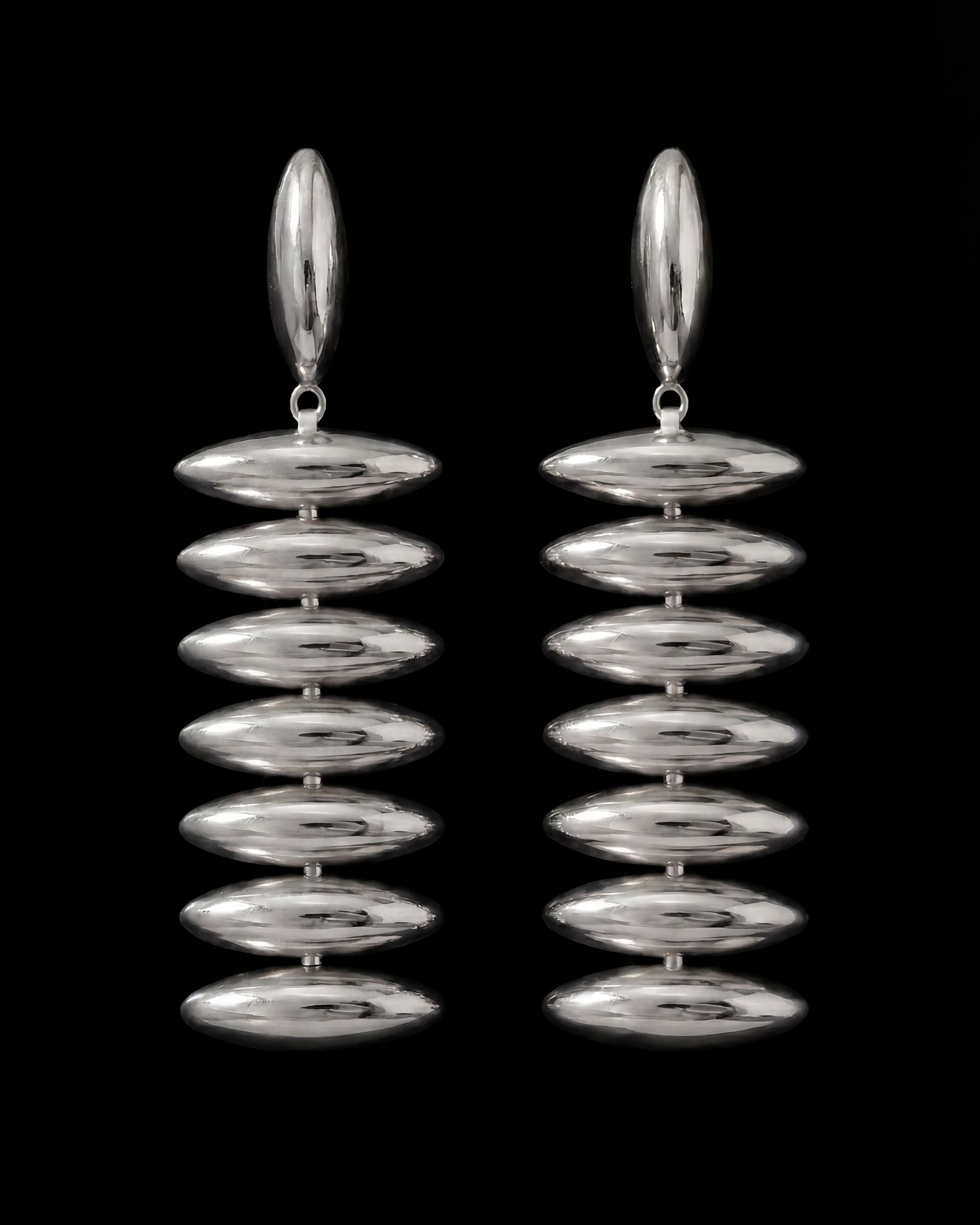 Stacked Oval Disc Drop Earrings - Silver
