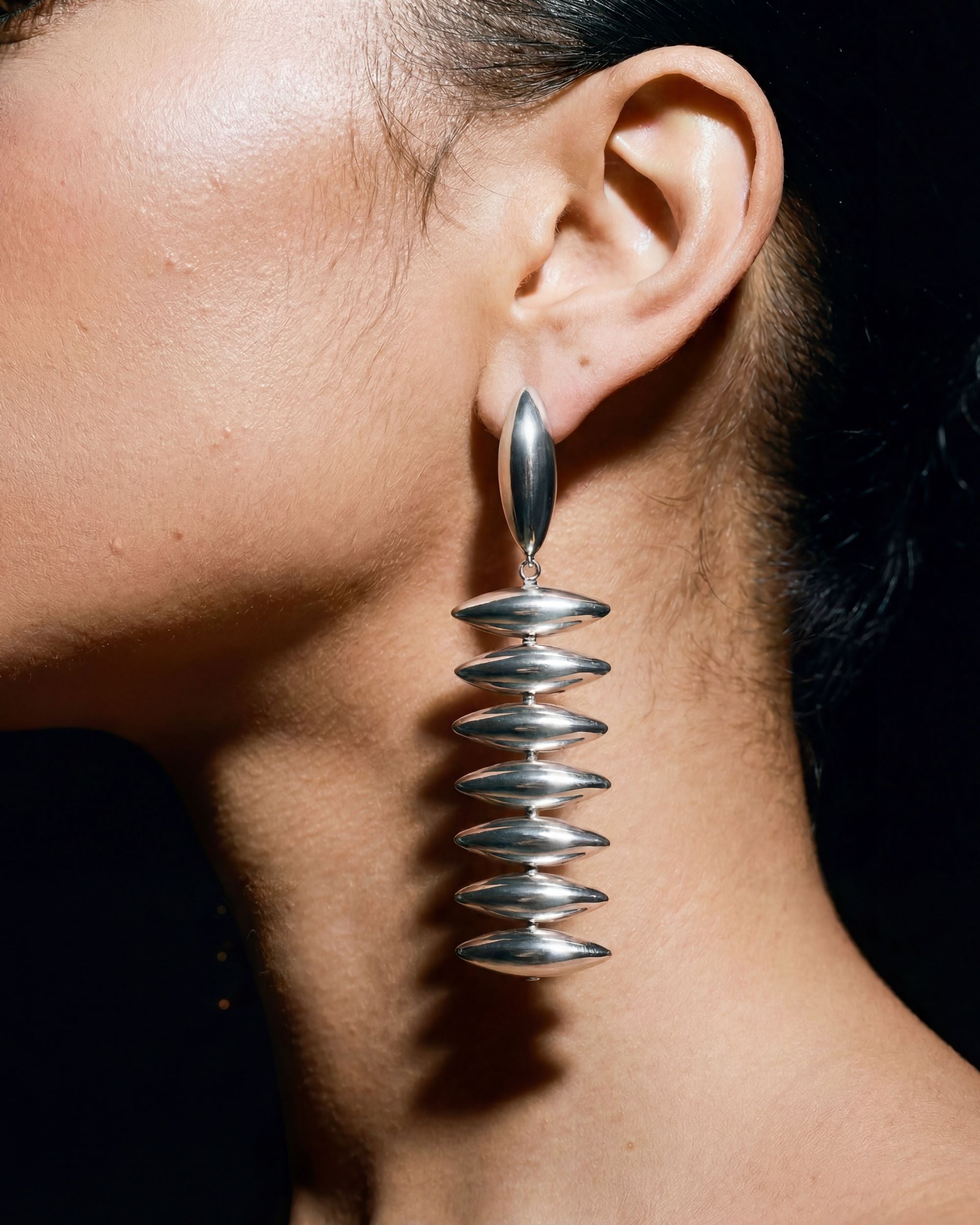 Stacked Oval Disc Drop Earrings - Silver